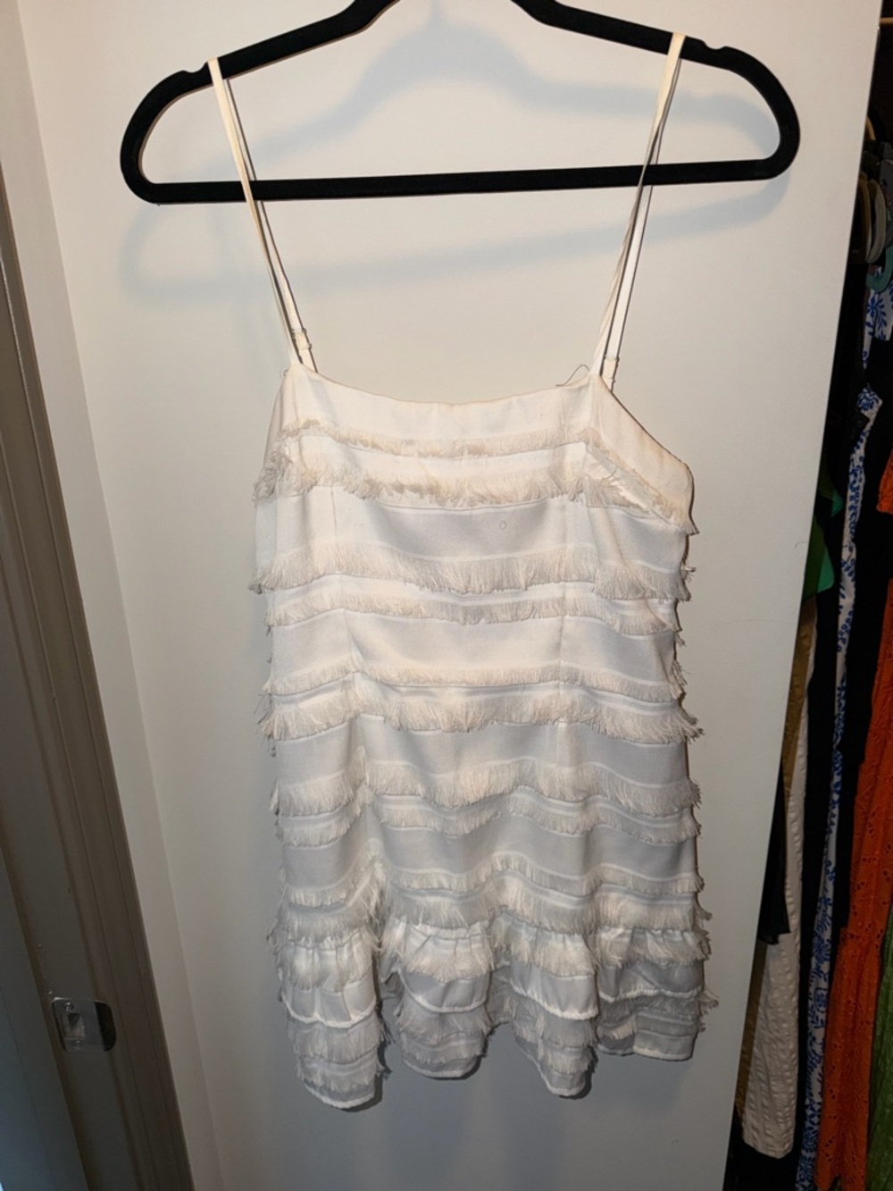 Princess Polly Cream Tiered Fringe Spaghetti Strap Dress
